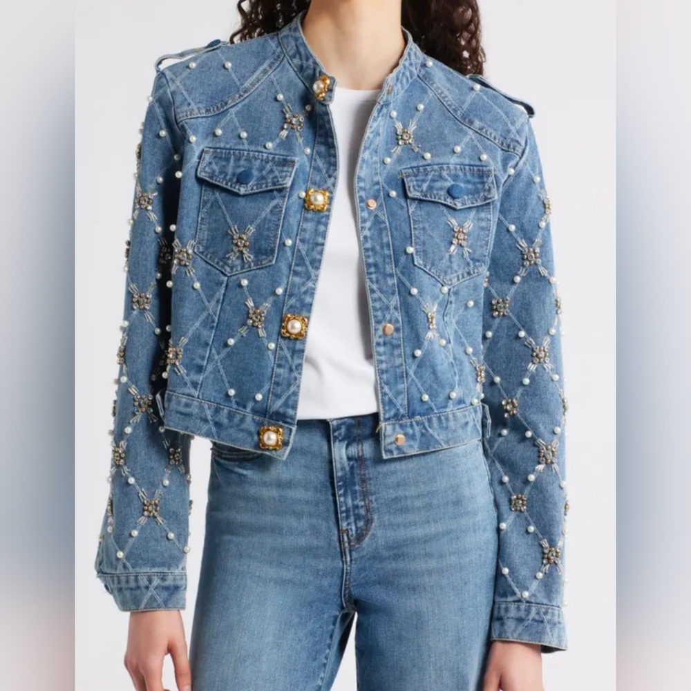 Embellished Blue Denim Jacket with Pearl & Gem Accents